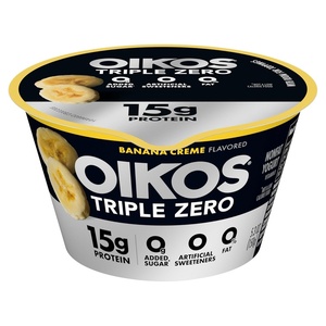 image:imageOikos Triple Zero Banana Creme Nonfat Greek Yogurt 0 Fat 0g Added Sugar and 0 Artificial Sweeteners Just Delicious High Protein Yogurt 53 OZ Cup