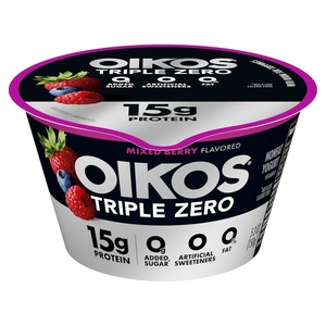 image:imageOikos Triple Zero Mixed Berry Nonfat Greek Yogurt 0 Fat 0g Added Sugar and 0 Artificial Sweeteners Just Delicious High Protein Yogurt 53 OZ Cup