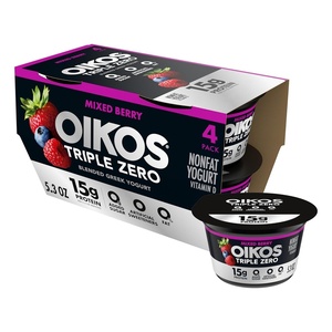 image:imageOikos Triple Zero Mixed Berry Nonfat Greek Yogurt Pack 0 Fat 0g Added Sugar and 0 Artificial Sweeteners Just Delicious High Protein Yogurt 4 Ct 53 OZ Cups