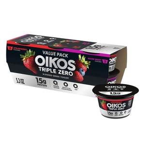 image:imageOikos Triple Zero Strawberry and Mixed Berry Nonfat Greek Yogurt Pack 0 Fat 0g Added Sugar and 0 Artificial Sweeteners Just Delicious High Protein Yogurt 6 Ct 53 OZ Cups