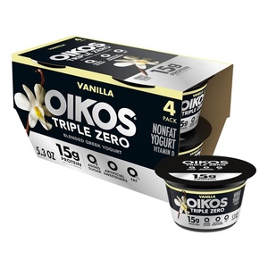 image:imageOikos Triple Zero Vanilla Nonfat Greek Yogurt Pack 0 Fat 0g Added Sugar and 0 Artificial Sweeteners Just Delicious High Protein Yogurt 4 Ct 53 OZ Cups53 Ounce Pack of 4