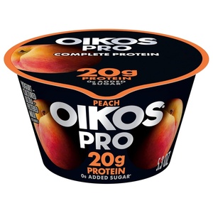 image:imageOikos Pro Peach YogurtCultured UltraFiltered Milk Product 20 Grams of Protein 0g Added Sugar Just Delicious High Protein Snacks 53 OZ Cup