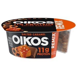 image:imageOikos REMIX Salted Caramel Nonfat Greek Yogurt with Sea Salt Praline Pretzels Dark Chocolate and Butter Toffee MixIns Delicious High Protein Yogurt Snack with 11g of Protein 45 OZ Cup