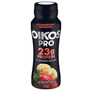 image:imageOikos Pro Strawberry Banana Cultured Dairy Drink 23 Grams of Protein 0g Added Sugar Just Delicious High Protein Snacks 7 FL OZ Bottle